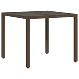 Garden Table with Glass Top Brown 90x90x75 cm Poly Rattan 365587