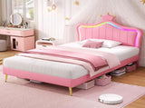3ft Single Upholstered Bed with LED Adjustable Crown Shape Headboard, PU Leather Bed Frame with N652P265845P