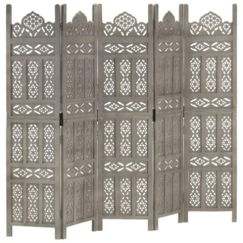 ZNTS Hand carved 5-Panel Room Divider Grey 200x165 cm Solid Mango Wood 285323