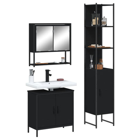 ZNTS 3 Piece Bathroom Furniture Set Black Engineered Wood 3214680