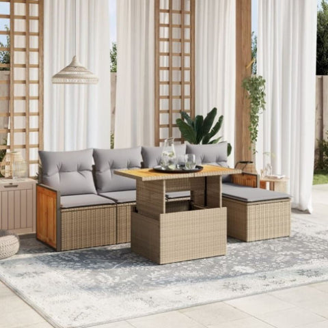 ZNTS 6 Piece Garden Sofa Set with Cushions Beige Poly Rattan 3273936