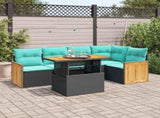6 Piece Garden Sofa Set with Cushions Black Poly Rattan Acacia 3327711