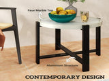 Round Small Garden Table, 60cm Outdoor Side Table with Faux Marble Tempered Glass Top, Aluminium T3398P377591
