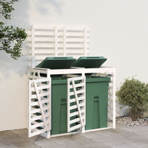 Double Wheelie Bin Storage White Solid Wood Pine 3157686
