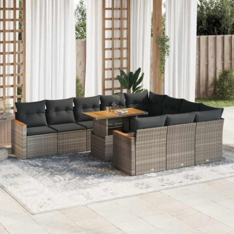 ZNTS 11 Piece Garden Sofa Set with Cushions Grey Poly Rattan Acacia 3327539