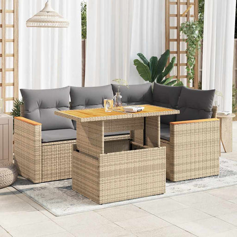 ZNTS 5 Piece Garden Sofa Set with Cushions Beige Poly Rattan Acacia 3327482