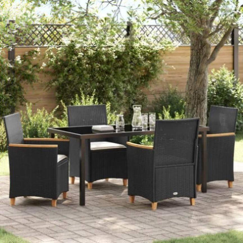 ZNTS 5 Piece Garden Dining Set with Cushions Black Poly Rattan 3381089