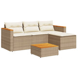 5 Piece Garden Sofa Set with Cushions Beige Poly Rattan Acacia 3213539