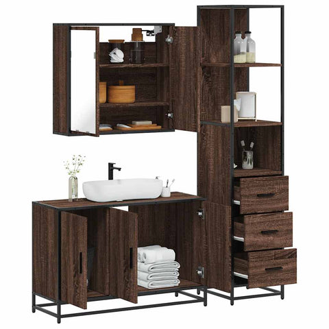 ZNTS 3 Piece Bathroom Furniture Set Brown Oak Engineered Wood 3301134