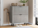 Concealed shoe cabinet featuring a 60 cm grey recessed-handle design and two flip-down drawers W6296P537661