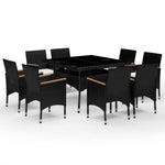 ZNTS 9 Piece Garden Dining Set Poly Rattan and Tempered Glass Black 3095894