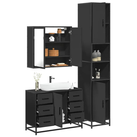 ZNTS 3 Piece Bathroom Furniture Set Black Engineered Wood 3301080