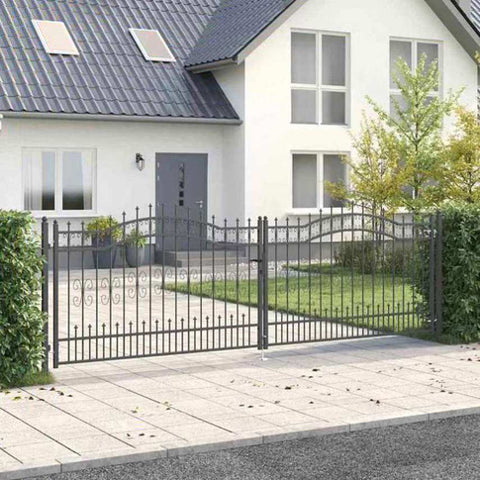 Fence Gate with Spear Top with Lock Grey 404 x 125 cm Steel 42009049