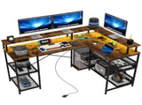 LED Light 'L' Computer Desk, with Shelves - Brown T3398P344502