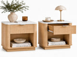 Set of 2 Modern Fluted Bedside Tables, Oak Effect Nightstands with Marble-Effect Top, Spacious N606P518989E
