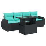 5 Piece Garden Sofa Set with Cushions Black Poly Rattan Acacia 3326558