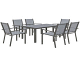 7 Pieces Garden Dining Set with Wood-plastic Composite Dining Table, and 6 Stackable Armchairs with T3398P317821