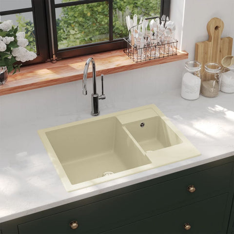 Kitchen Sink with Overflow Hole Double Basins Beige Granite 147087