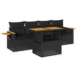 5 Piece Garden Sofa Set with Cushions Black Poly Rattan Acacia 3327541