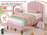 3ft Single Upholstered Bed with LED Adjustable Shell Shape Headboard, Soft Velvet Bed Frame with N652P242015P