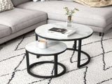 Glass Coffee Table Set of 2, Round Nest of Tables with Marble-Effect Tempered Glass Tabletop and T3398P344259