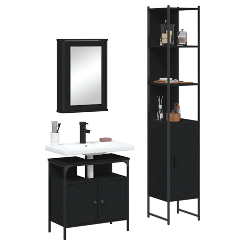 ZNTS 3 Piece Bathroom Furniture Set Black Engineered Wood 3214795