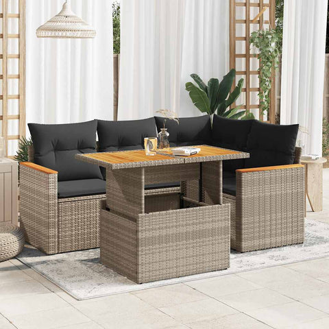 ZNTS 5 Piece Garden Sofa Set with Cushions Grey Poly Rattan Acacia 3327483