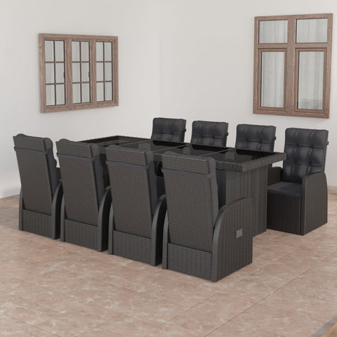 9 Piece Garden Dining Set with Cushions Black Poly Rattan 3095258