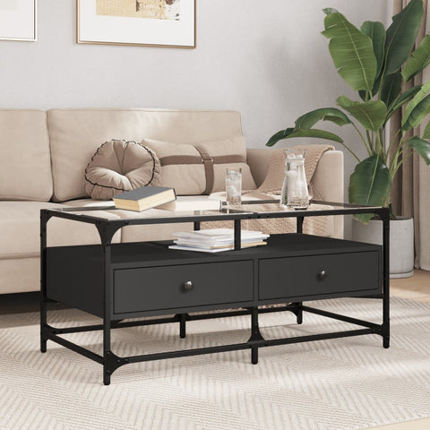 ZNTS Coffee Table with Glass Top Black 98.5x50x45 cm Steel 846044