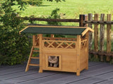 Cat House Outdoor w/ Balcony Stairs Roof, 77 x 50 x 73 cm, Natural Wood Finish T3398P349841