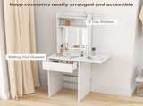 Small Vanity Desk with Mirror LED Lights, Compact Dressing Table with Drop Leaf, Open Shelves T3398P378102