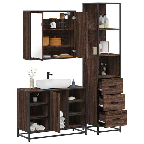 ZNTS 3 Piece Bathroom Furniture Set Brown Oak Engineered Wood 3301154