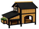 Wooden Cat House with Flower Pot, Windows, Multiple Entrances, Water-Resistant Roof for Outdoor T3398P349942