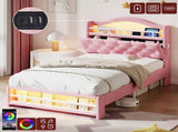 3ft Single Upholstered Velvet Bed Frame, LED Bed Frame with Charging Station & Diamond Tufted N652P399022P