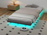 90cm190cm Grey Floating Single Bed Frame with LED Lights, Metal Platform Bed with Underbed Storage, T6135P516183