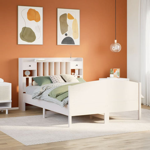 ZNTS Bookcase Bed without Mattress White 150x200 cm King Size Solid Wood Pine 3323141