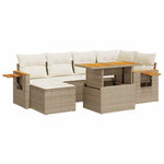 ZNTS 7 Piece Garden Sofa Set with Cushions Beige Poly Rattan Acacia 3327621