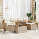 6 Piece Garden Sofa Set with Cushions Beige Poly Rattan Acacia 3327474