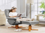 PU Leather Swivel Recliner Chair with Footstool, Wooden Base and Storage for Living Room, Light Grey T3398P423085