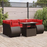 7 Piece Garden Sofa Set with Cushions Brown Poly Rattan Acacia 3326595