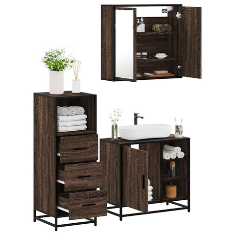 ZNTS 3 Piece Bathroom Furniture Set Brown Oak Engineered Wood 3301029