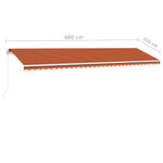 ZNTS Manual Retractable Awning with LED 600x350 cm Orange and Brown 3069685