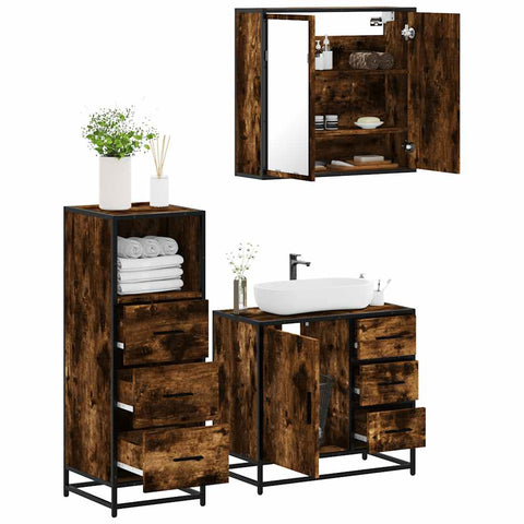 ZNTS 3 Piece Bathroom Furniture Set Smoked Oak Engineered Wood 3301017