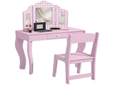 Kids Dressing Table Sets with Stool and Tri-Fold Mirror, Drawer for Playroom, Bedroom - Pink T3398P422147