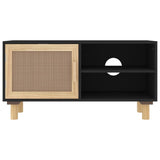TV Cabinet Black 80x30x40 cm Solid Wood Pine and Natural Rattan 345613