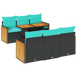 7 Piece Garden Sofa Set with Cushions Black Poly Rattan Acacia 3327669