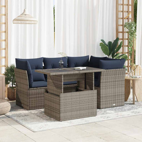 5 Piece Garden Sofa Set with Cushions Grey Poly Rattan Acacia 3326152