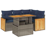 5 Piece Garden Sofa Set with Cushions Grey Poly Rattan Acacia 3327708