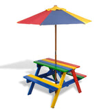 Kids' Picnic Table with Benches and Parasol Multicolour Wood 40773