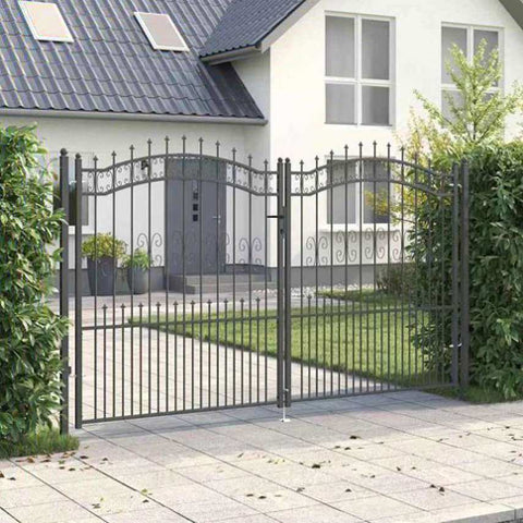 Fence Gate with Spear Top with Lock Grey 305 x 175 cm Steel 42009046